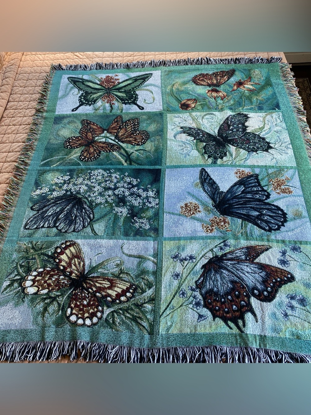 Vintage Tapestry Throw Blanket Butterflies 48”x 58” Green Garden Floral Nature